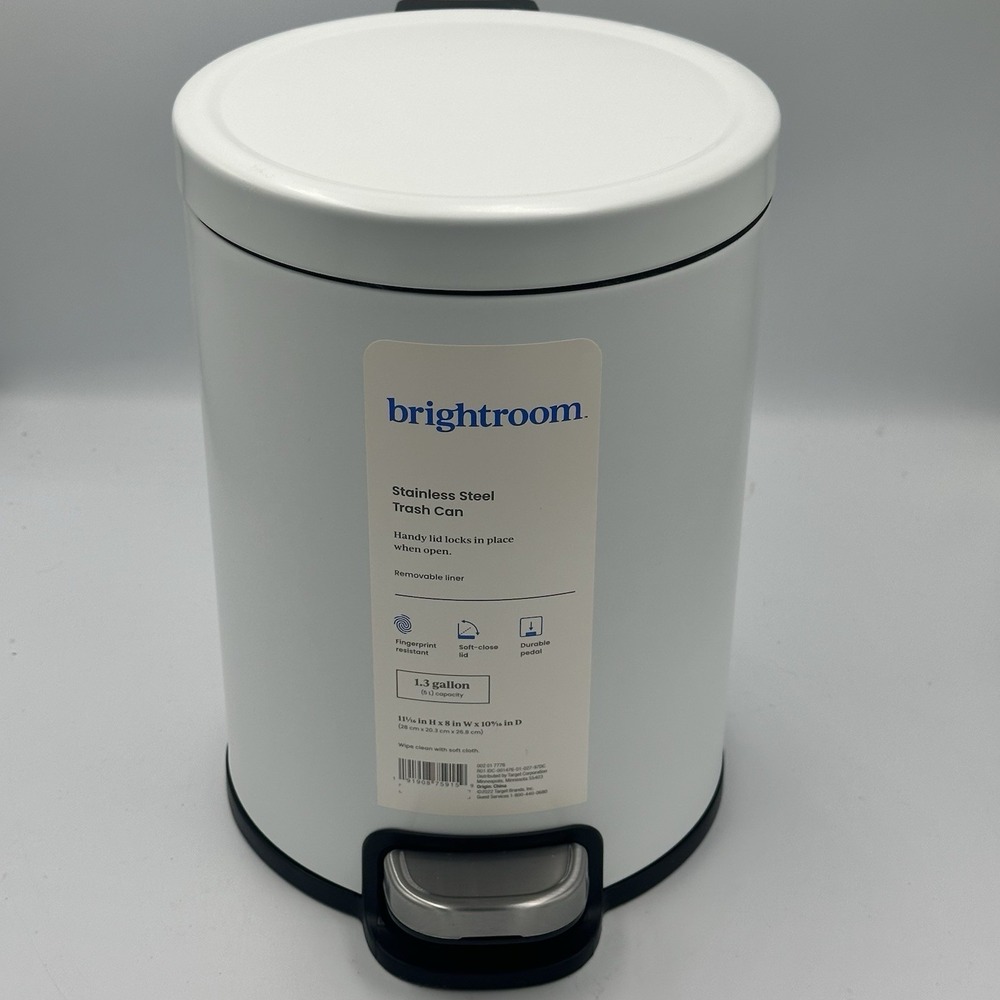(White) Brightroom Stainless Steel Trash Can 1.3 Gallon / 5L 11" X 8" X 10" NEW